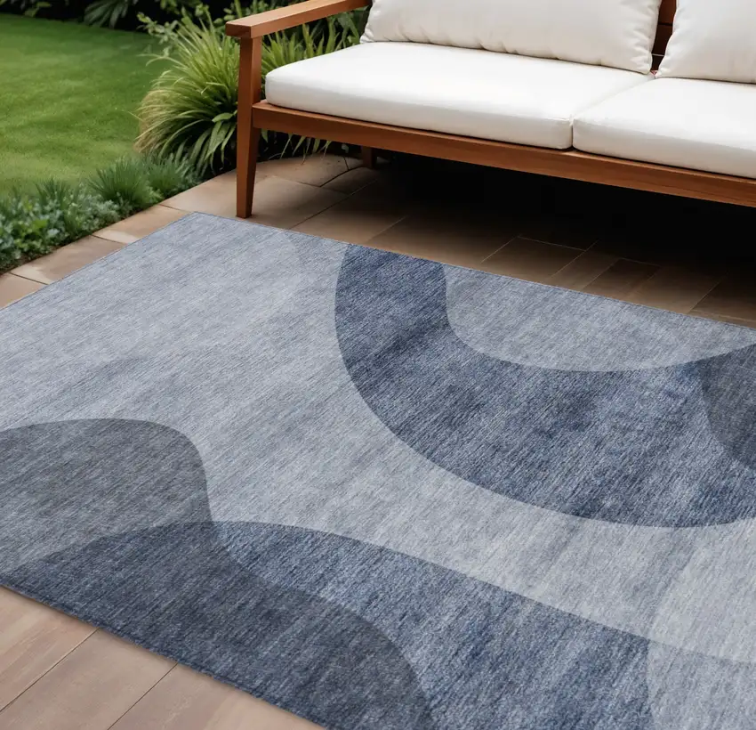 Denim Blue And Sky Blue Abstract Washable Indoor Outdoor Area Rug Photo 1