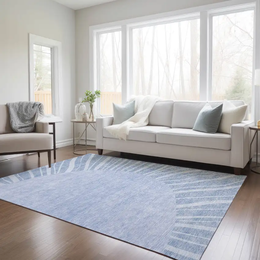 Denim Blue And Sky Blue Abstract Washable Indoor Outdoor Area Rug Photo 9