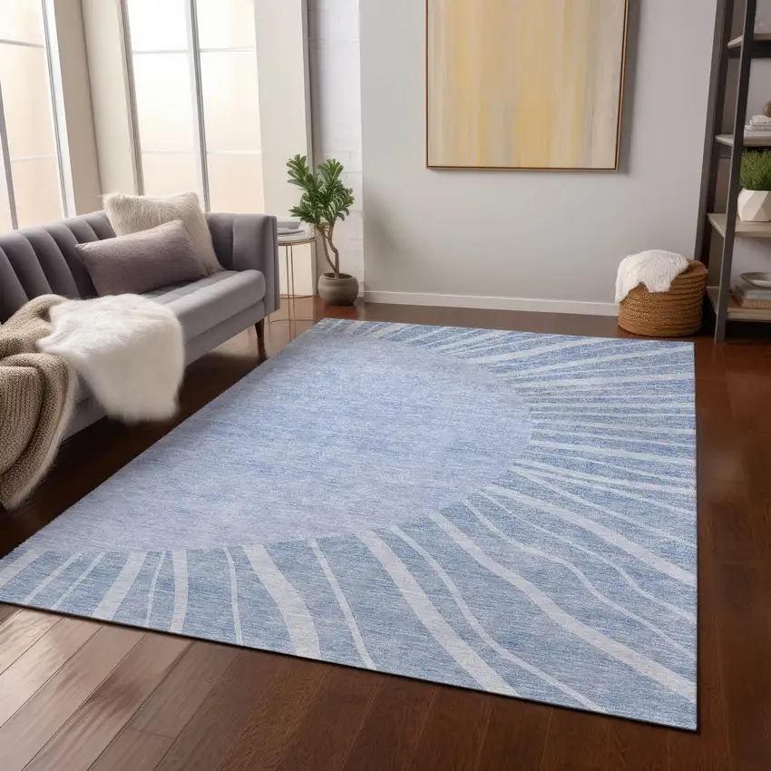 Denim Blue And Sky Blue Abstract Washable Indoor Outdoor Area Rug Photo 9