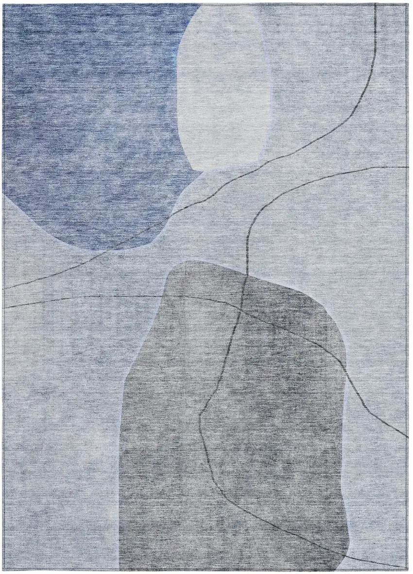 Denim Blue And Sky Blue Abstract Washable Indoor Outdoor Area Rug Photo 6