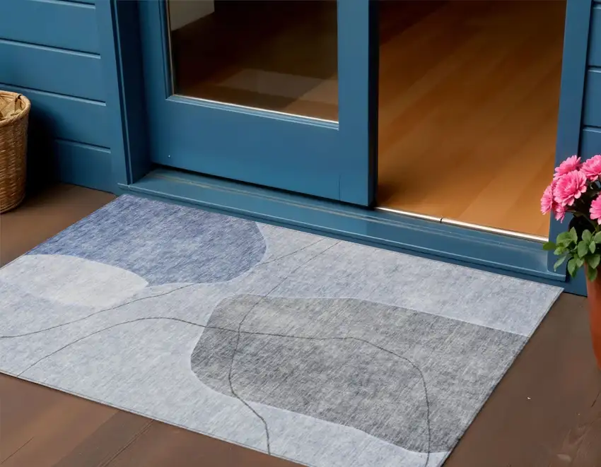 Denim Blue And Sky Blue Abstract Washable Indoor Outdoor Area Rug Photo 1
