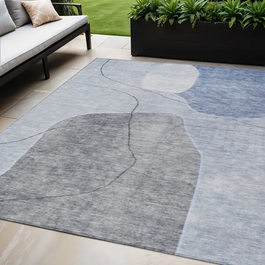 Denim Blue And Sky Blue Abstract Washable Indoor Outdoor Area Rug Photo 1
