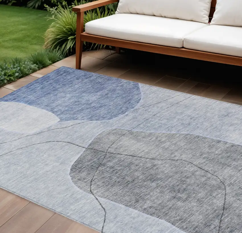 Denim Blue And Sky Blue Abstract Washable Indoor Outdoor Area Rug Photo 1