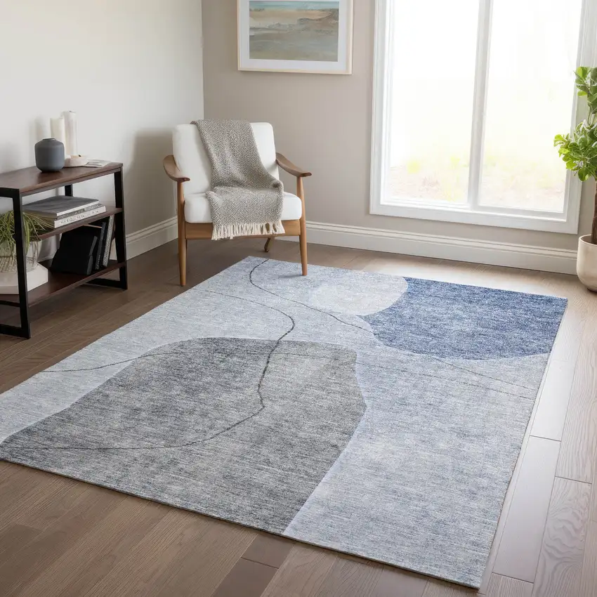 Denim Blue And Sky Blue Abstract Washable Indoor Outdoor Area Rug Photo 8