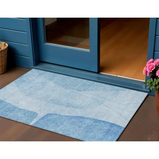 Denim Blue And Sky Blue Abstract Washable Indoor Outdoor Area Rug Photo 1