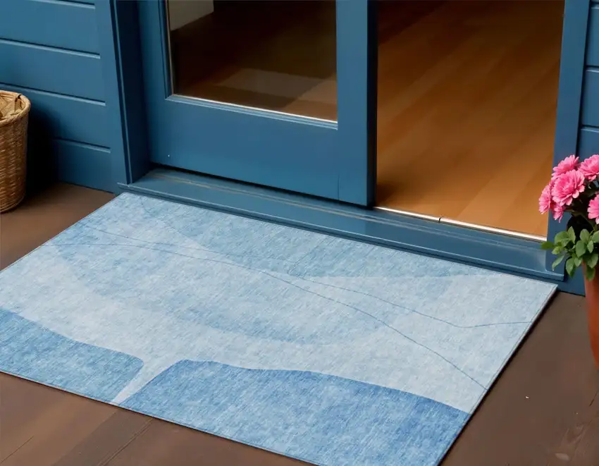 Denim Blue And Sky Blue Abstract Washable Indoor Outdoor Area Rug Photo 1