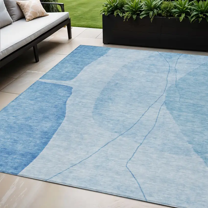 Denim Blue And Sky Blue Abstract Washable Indoor Outdoor Area Rug Photo 1