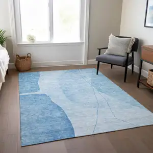 Photo of Denim Blue And Sky Blue Abstract Washable Indoor Outdoor Area Rug