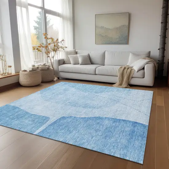 Denim Blue And Sky Blue Abstract Washable Indoor Outdoor Area Rug Photo 8