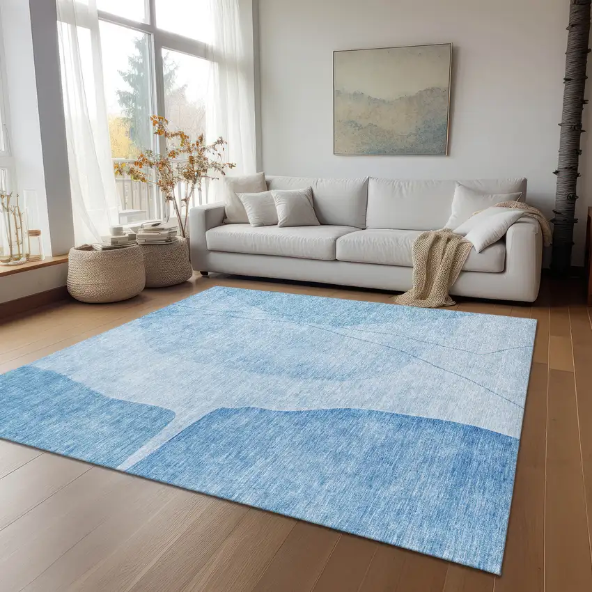 Denim Blue And Sky Blue Abstract Washable Indoor Outdoor Area Rug Photo 8
