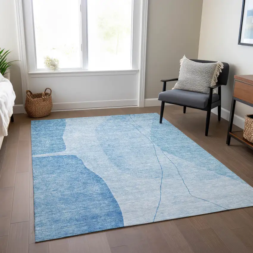 Denim Blue And Sky Blue Abstract Washable Indoor Outdoor Area Rug Photo 7