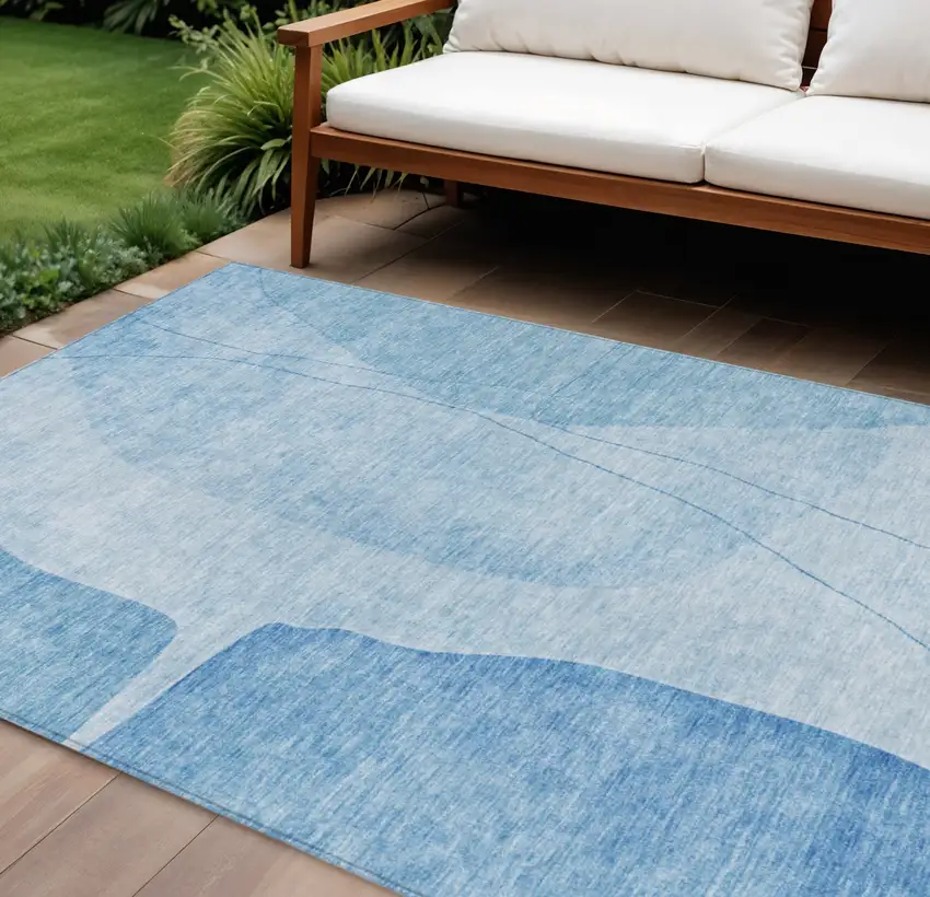Denim Blue And Sky Blue Abstract Washable Indoor Outdoor Area Rug Photo 1