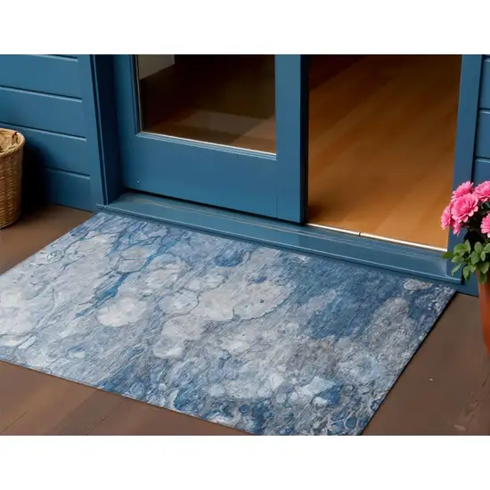 Denim Blue And Sky Blue Abstract Washable Indoor Outdoor Area Rug Photo 1