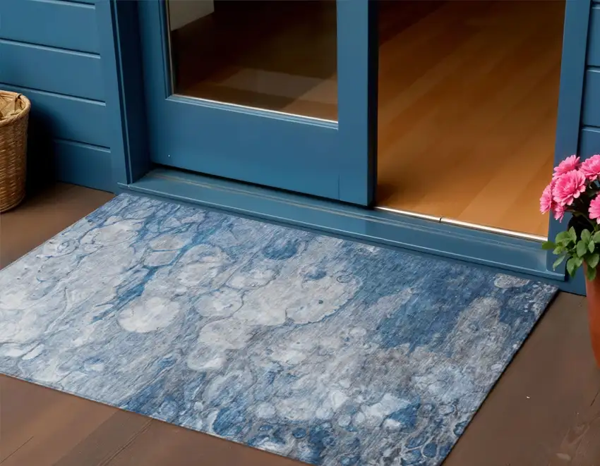 Denim Blue And Sky Blue Abstract Washable Indoor Outdoor Area Rug Photo 1