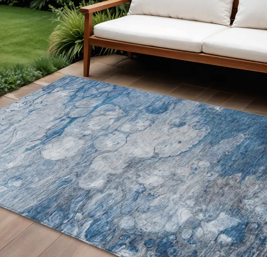 Denim Blue And Sky Blue Abstract Washable Indoor Outdoor Area Rug Photo 1