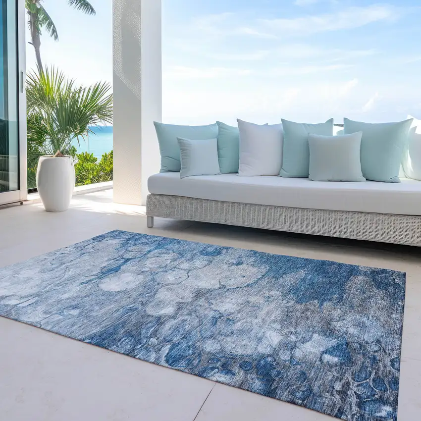 Denim Blue And Sky Blue Abstract Washable Indoor Outdoor Area Rug Photo 9