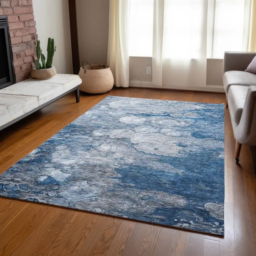 Denim Blue And Sky Blue Abstract Washable Indoor Outdoor Area Rug Photo 9