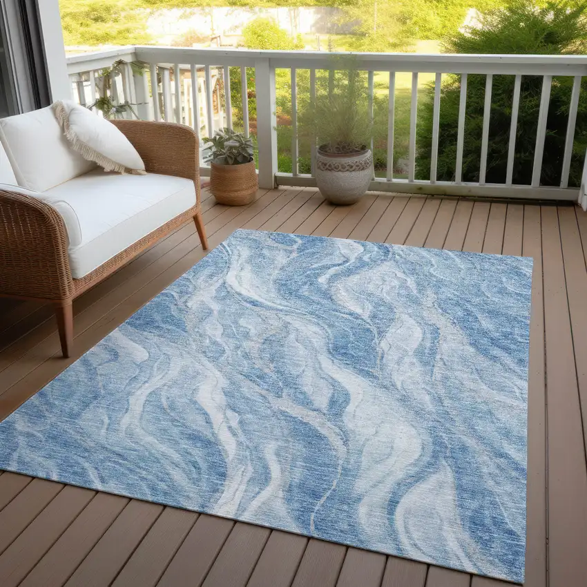 Denim Blue And Sky Blue Abstract Washable Indoor Outdoor Area Rug Photo 6
