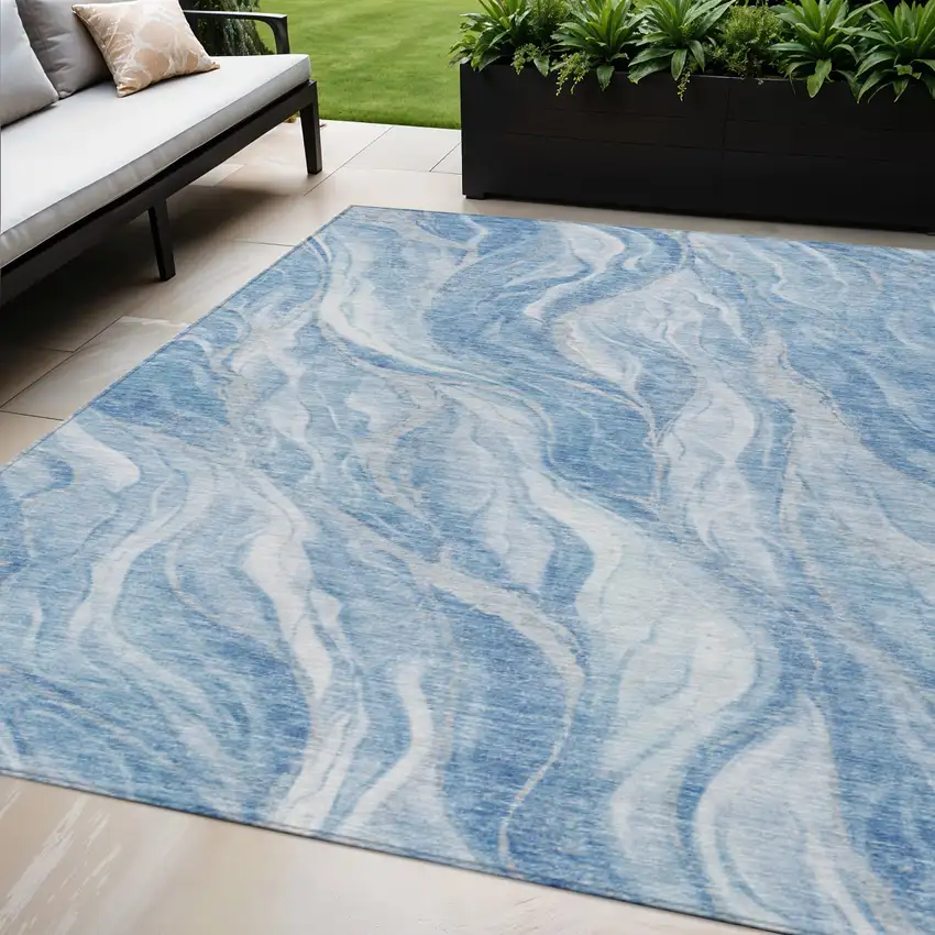 Denim Blue And Sky Blue Abstract Washable Indoor Outdoor Area Rug Photo 1