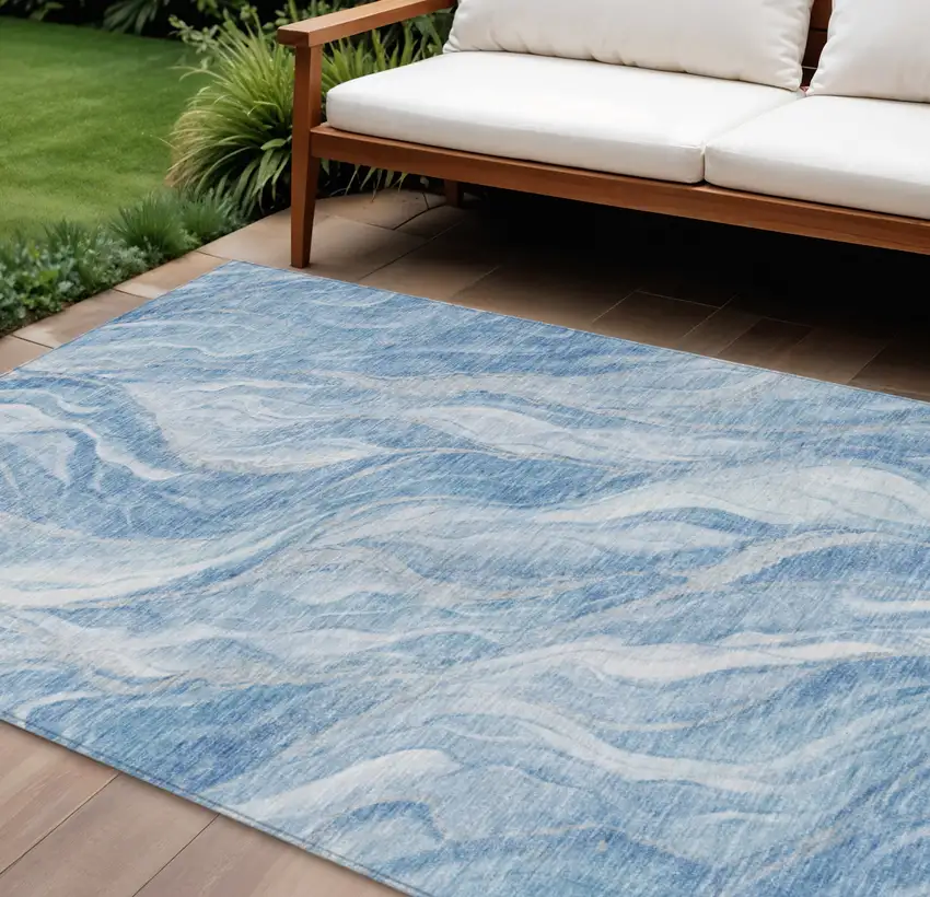 Denim Blue And Sky Blue Abstract Washable Indoor Outdoor Area Rug Photo 1