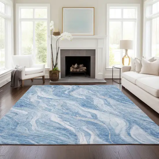 Denim Blue And Sky Blue Abstract Washable Indoor Outdoor Area Rug Photo 7