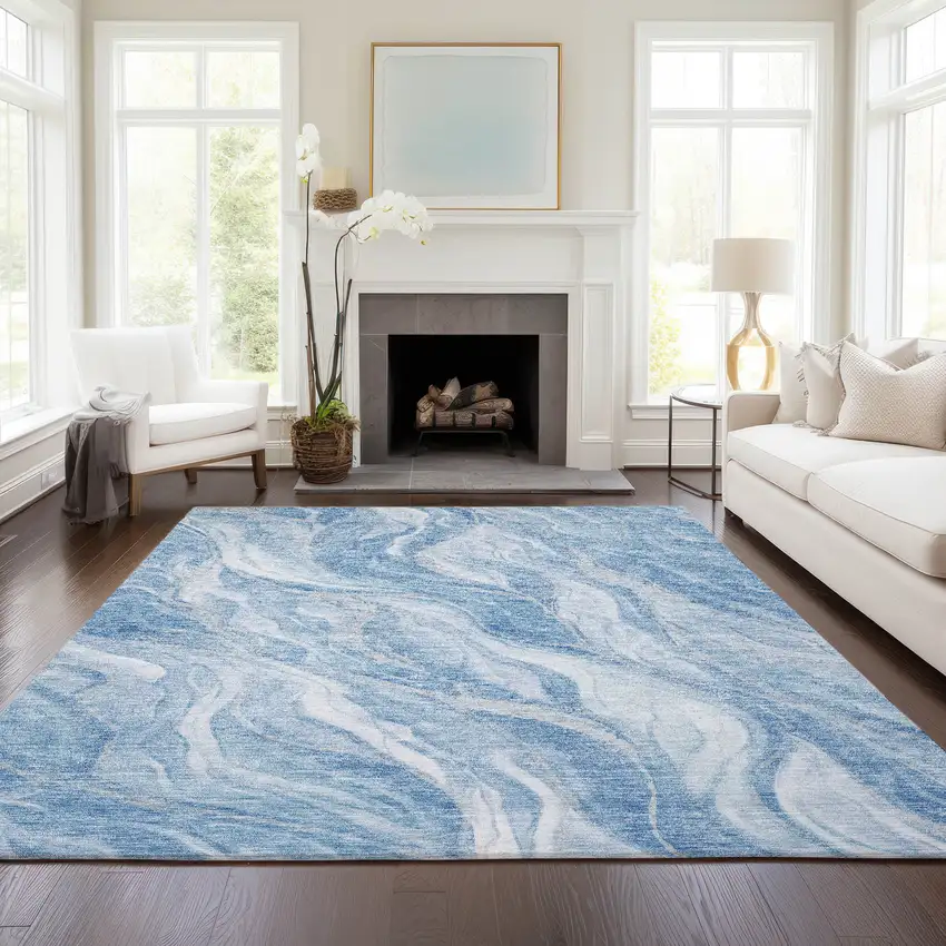Denim Blue And Sky Blue Abstract Washable Indoor Outdoor Area Rug Photo 7