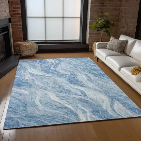 Denim Blue And Sky Blue Abstract Washable Indoor Outdoor Area Rug Photo 8