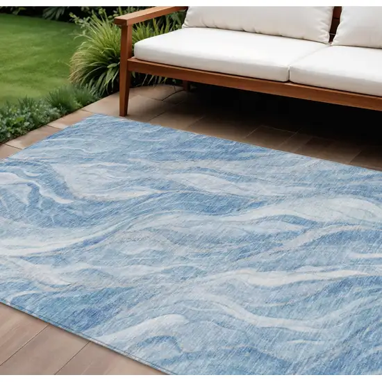 Denim Blue And Sky Blue Abstract Washable Indoor Outdoor Area Rug Photo 1