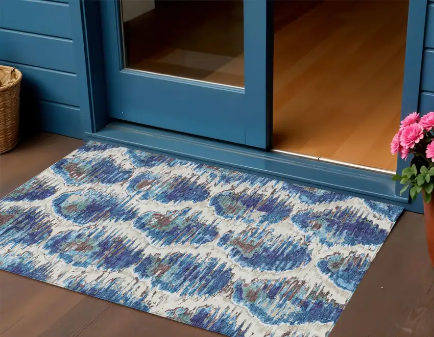 Denim Blue And Sky Blue Abstract Washable Indoor Outdoor Area Rug Photo 1