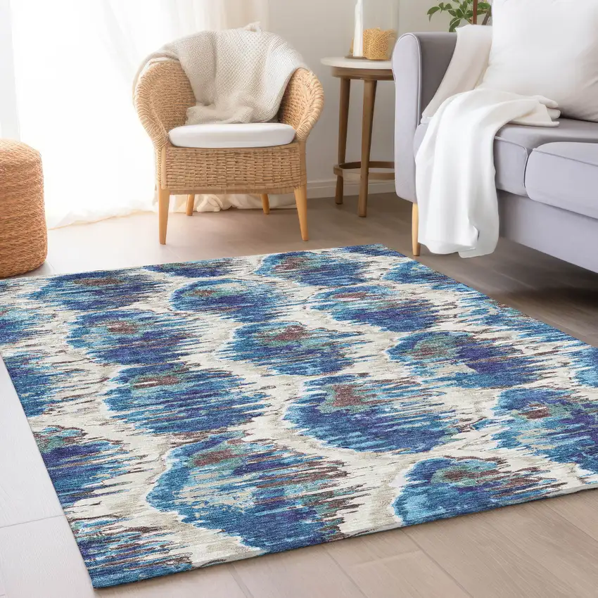 Denim Blue And Sky Blue Abstract Washable Indoor Outdoor Area Rug Photo 8