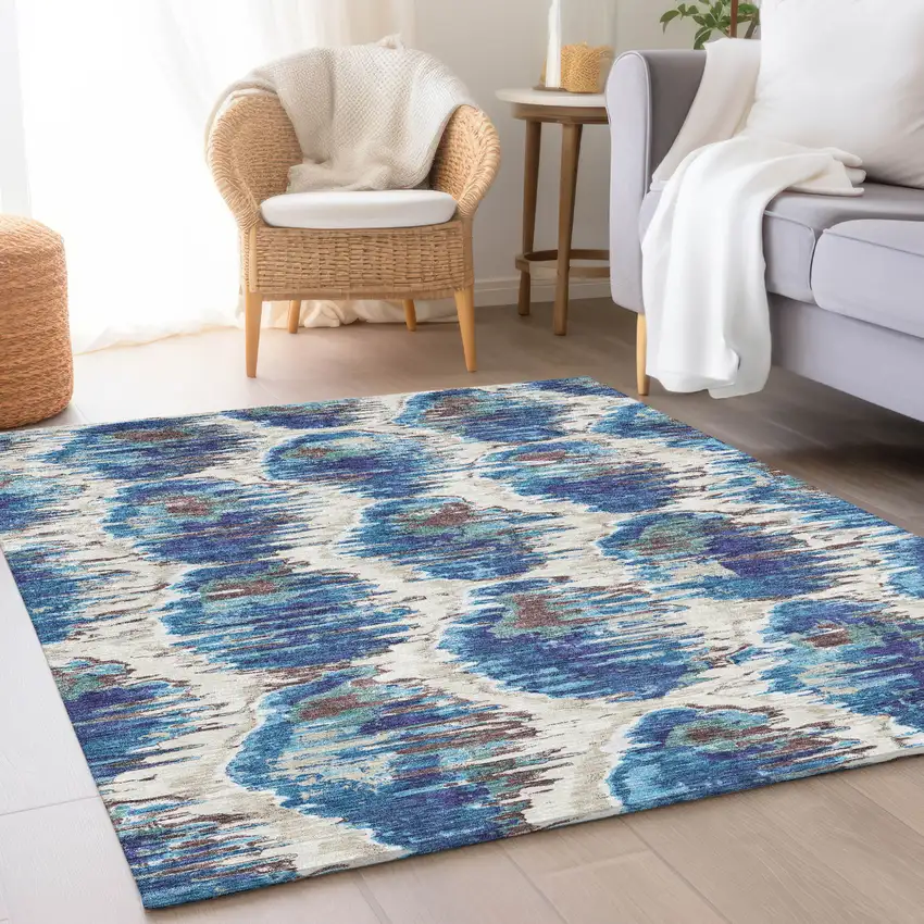 Denim Blue And Sky Blue Abstract Washable Indoor Outdoor Area Rug Photo 8