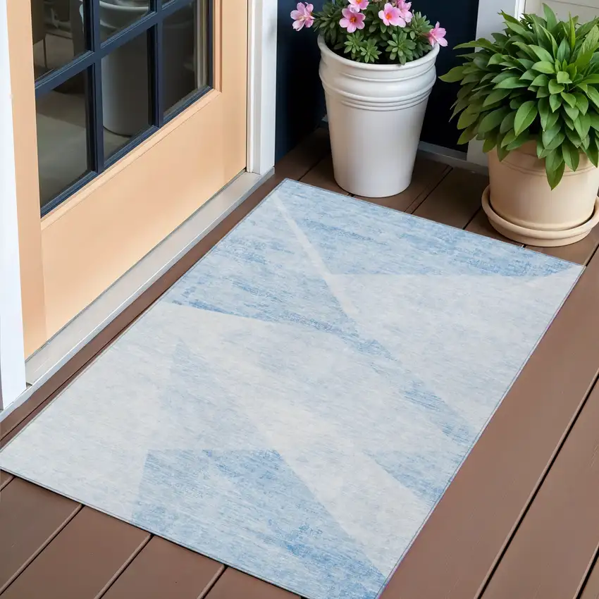 Denim Blue And Sky Blue Abstract Washable Indoor Outdoor Area Rug Photo 1