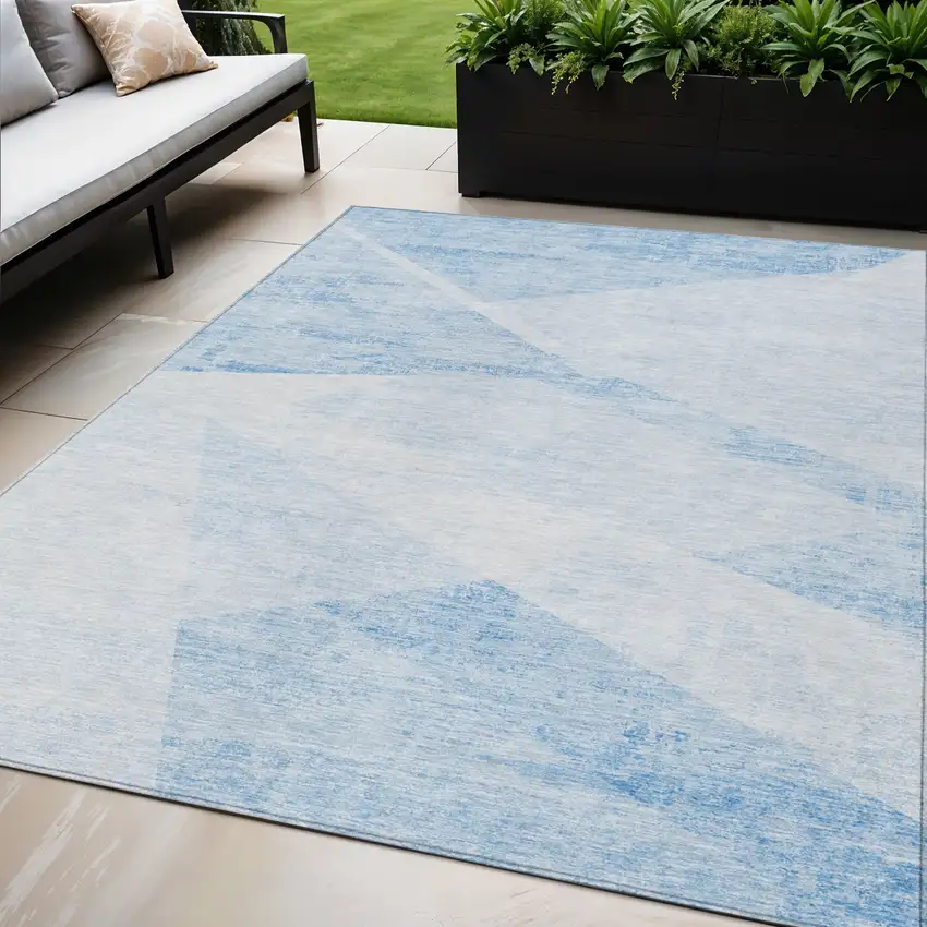 Denim Blue And Sky Blue Abstract Washable Indoor Outdoor Area Rug Photo 1