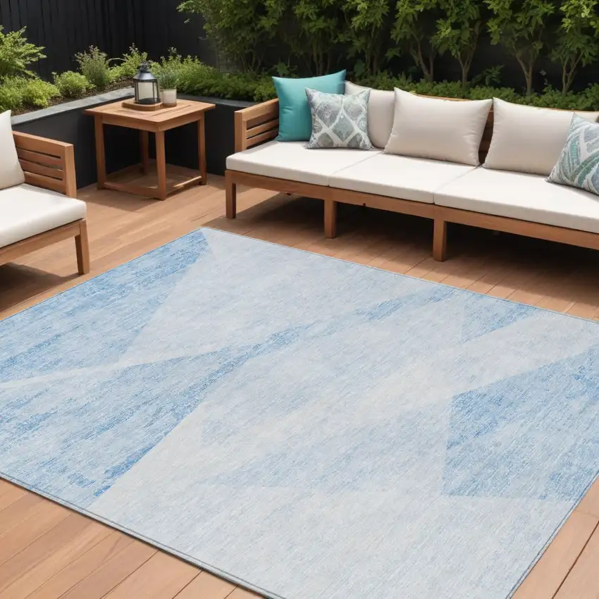 Denim Blue And Sky Blue Abstract Washable Indoor Outdoor Area Rug Photo 1