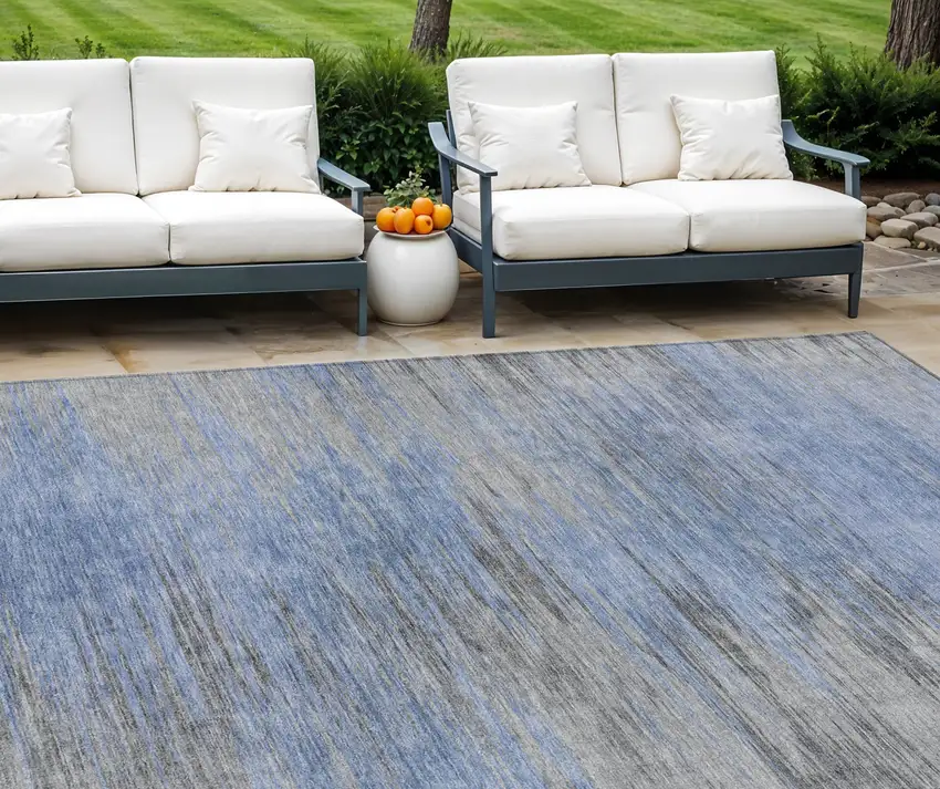 Denim Blue And Sky Blue Abstract Washable Indoor Outdoor Area Rug Photo 1