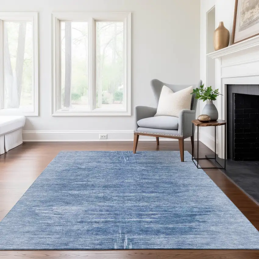 Denim Blue And Sky Blue Abstract Washable Indoor Outdoor Area Rug Photo 9