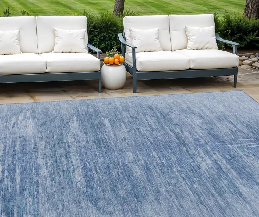 Denim Blue And Sky Blue Abstract Washable Indoor Outdoor Area Rug Photo 1