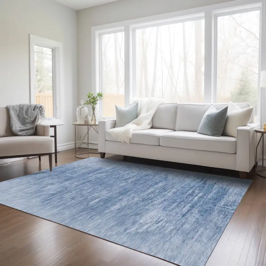 Denim Blue And Sky Blue Abstract Washable Indoor Outdoor Area Rug Photo 9