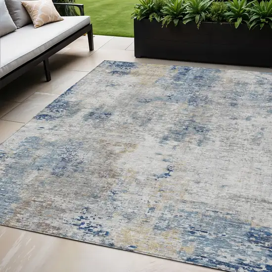 Denim Blue And Sky Blue Abstract Washable Indoor Outdoor Area Rug Photo 1
