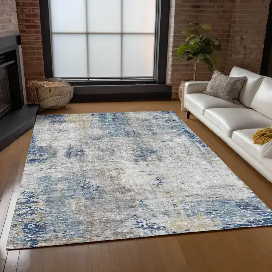 Denim Blue And Sky Blue Abstract Washable Indoor Outdoor Area Rug Photo 9