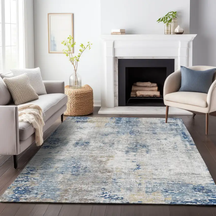 Denim Blue And Sky Blue Abstract Washable Indoor Outdoor Area Rug Photo 9