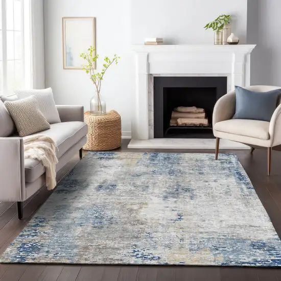 Denim Blue And Sky Blue Abstract Washable Indoor Outdoor Area Rug Photo 9