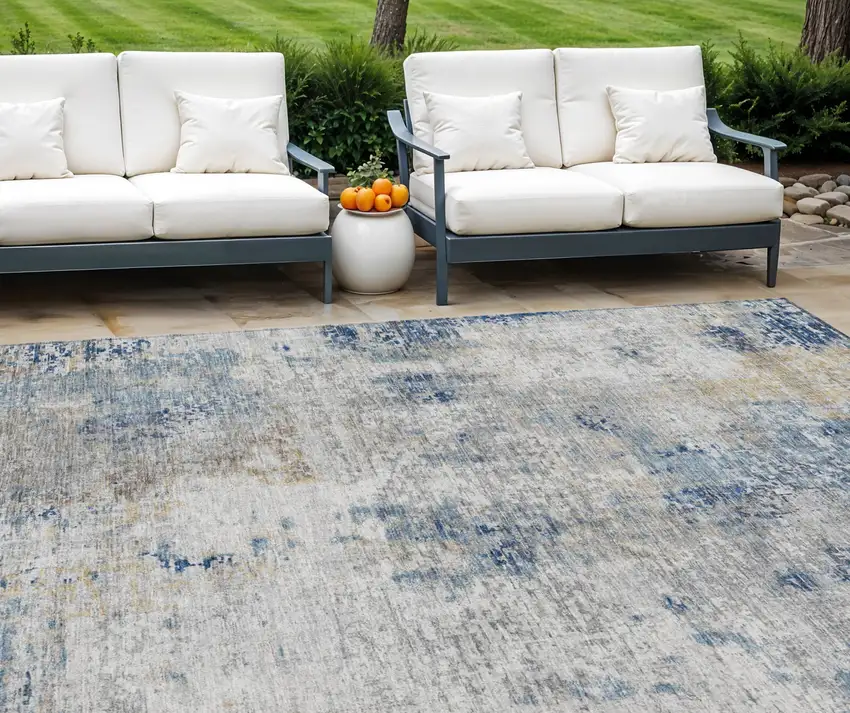 Denim Blue And Sky Blue Abstract Washable Indoor Outdoor Area Rug Photo 1