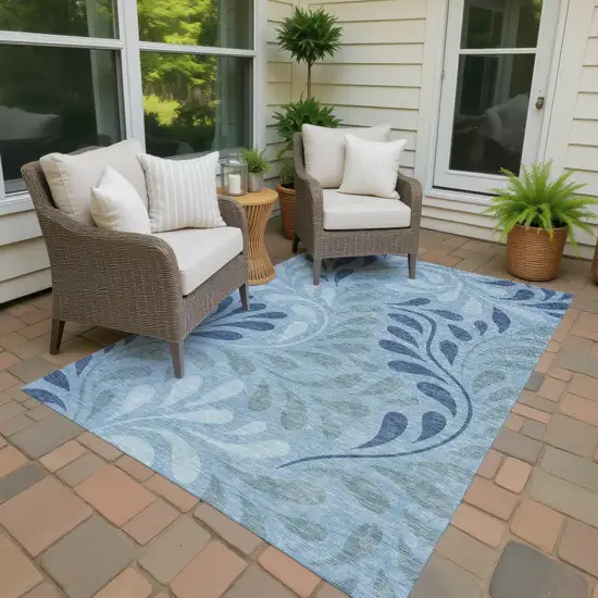 Denim Blue And Sky Blue Botanical Leaves Washable Indoor Outdoor Area Rug Photo 3