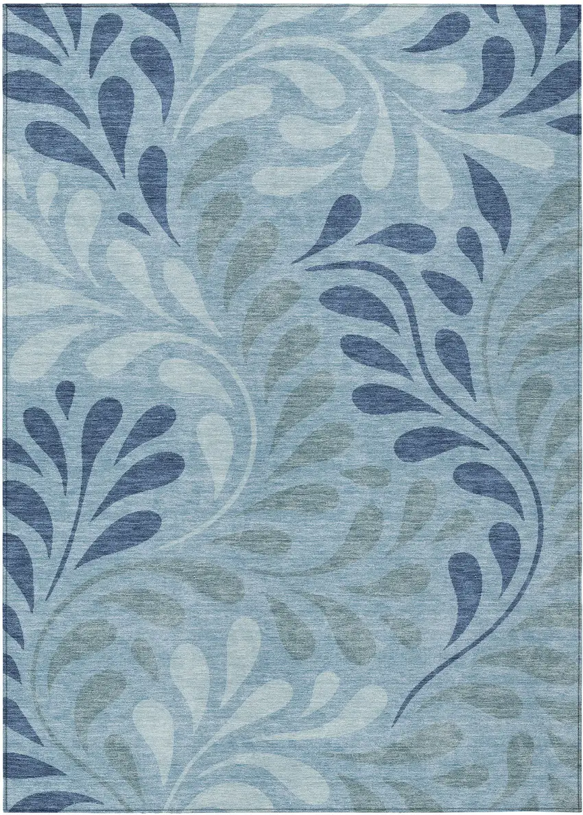 Denim Blue And Sky Blue Botanical Leaves Washable Indoor Outdoor Area Rug Photo 7