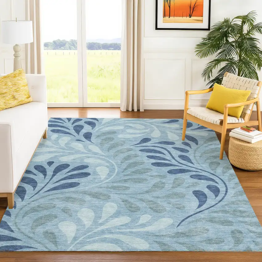 Denim Blue And Sky Blue Botanical Leaves Washable Indoor Outdoor Area Rug Photo 3