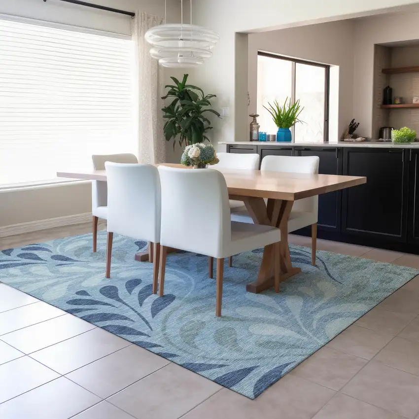 Denim Blue And Sky Blue Botanical Leaves Washable Indoor Outdoor Area Rug Photo 4