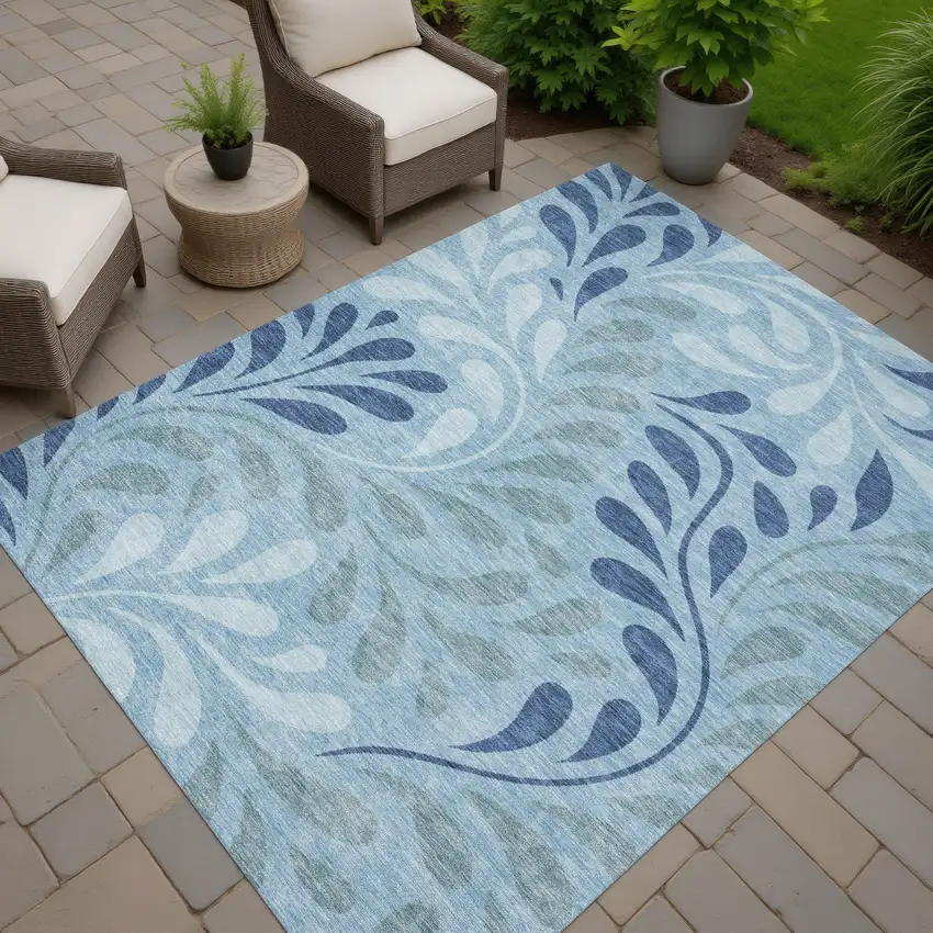 Denim Blue And Sky Blue Botanical Leaves Washable Indoor Outdoor Area Rug Photo 6