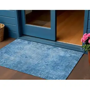 Photo of Denim Blue And Sky Blue Floral Washable Indoor Outdoor Area Rug