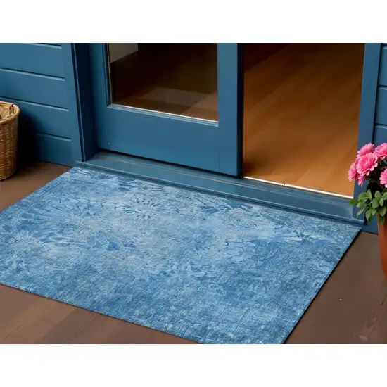 Denim Blue And Sky Blue Floral Washable Indoor Outdoor Area Rug Photo 1